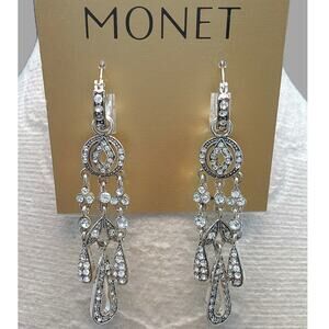 Monet Chandelier Earrings Rhinestone Dangle Silvertone NWT Hoops Detach Art Deco